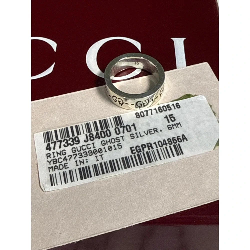 Gucci Ghost Ring Sterling Silver 6mm GG Skull Graffiti Band 477339 Size 16 IT